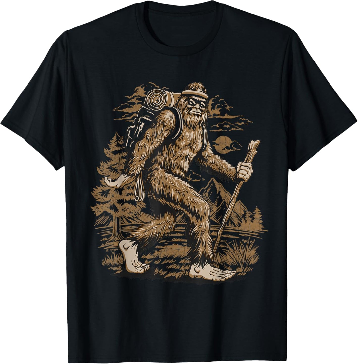 Funny Bigfoot Sasquatch Hiker Hiking Retro Outdoor Camping T-Shirt - T-Shirt | Black