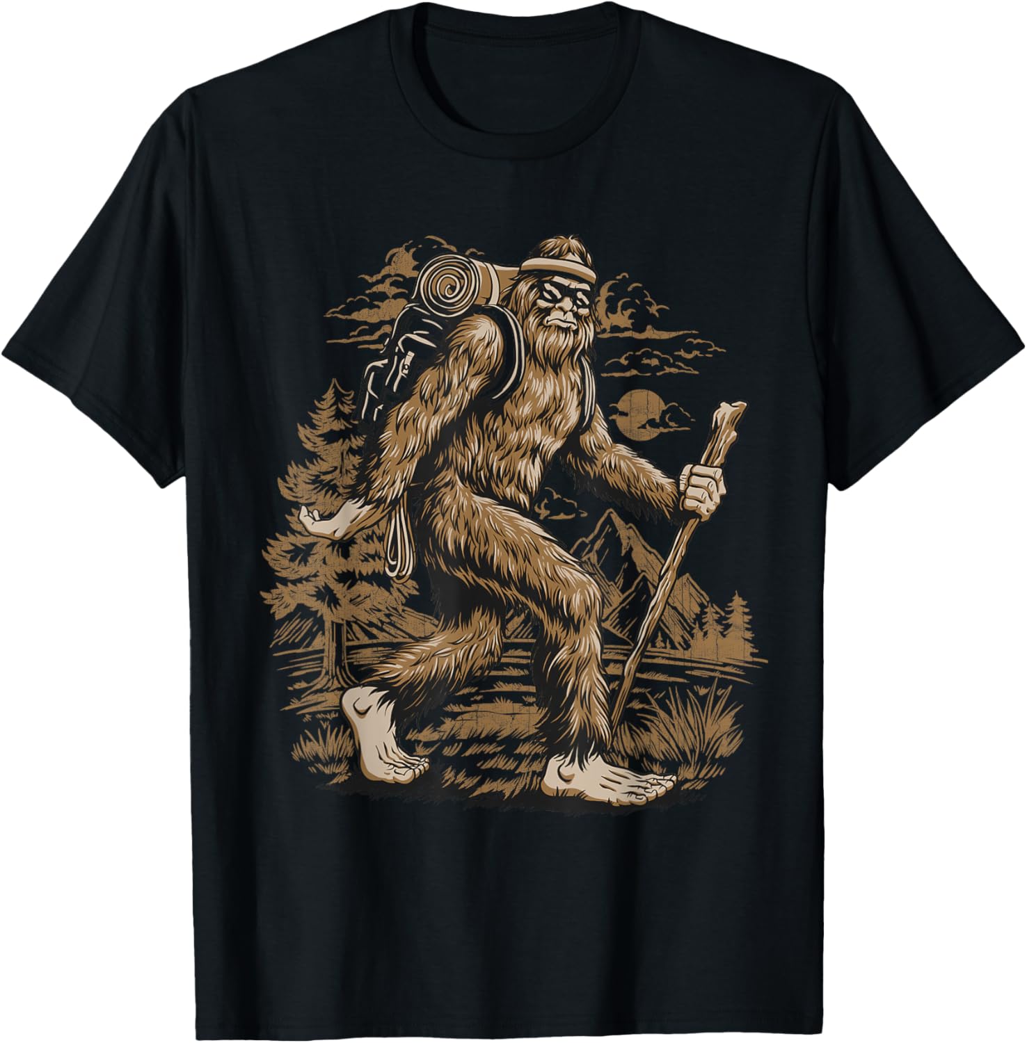 Funny Bigfoot Sasquatch Hiker Hiking Retro Outdoor Camping T-Shirt - T-Shirt | Black