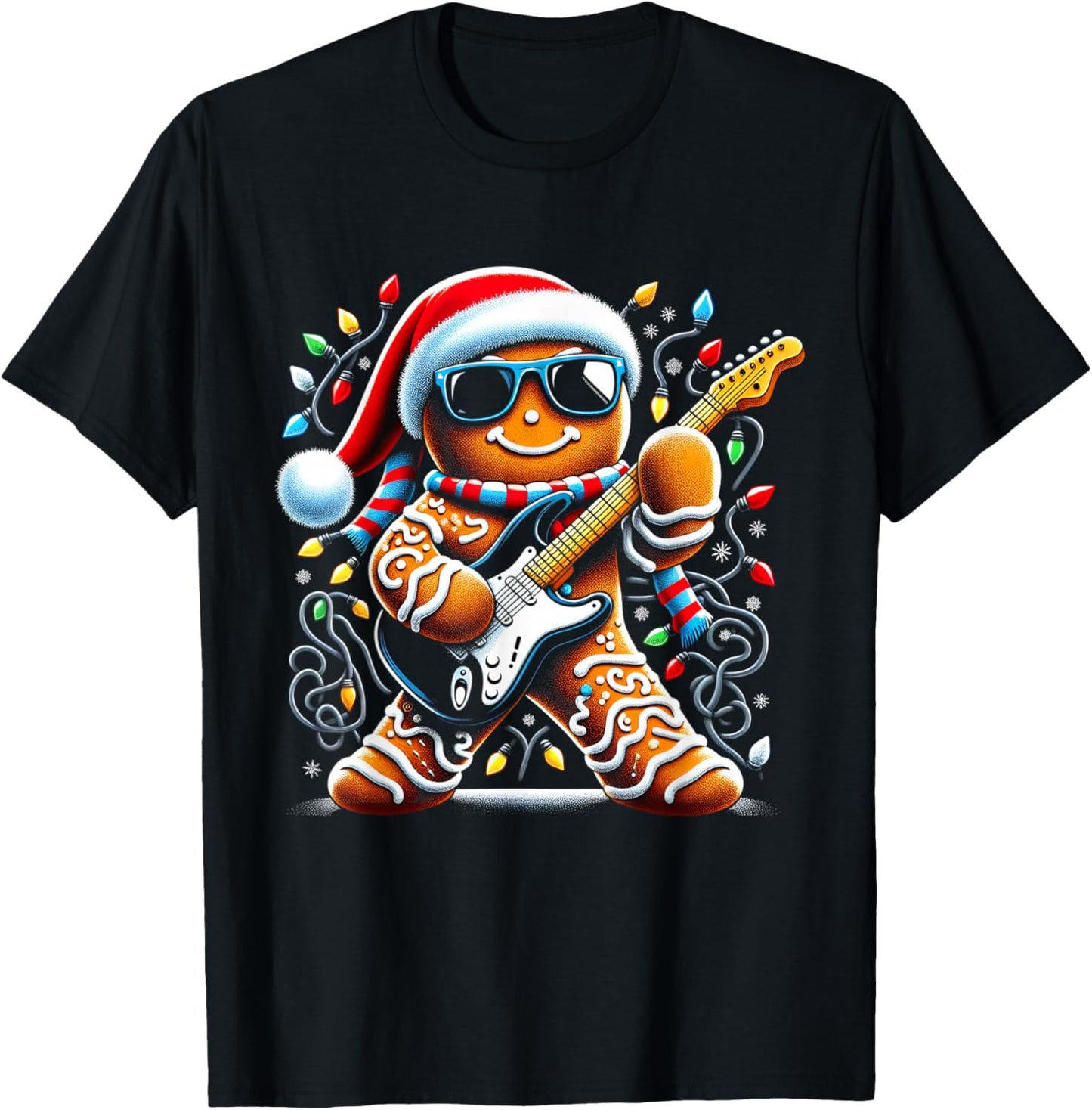 Rock Guitar Gingerbread Playing Guitar -Funny Christmas Xmas T-Shirt - T-Shirt | Black