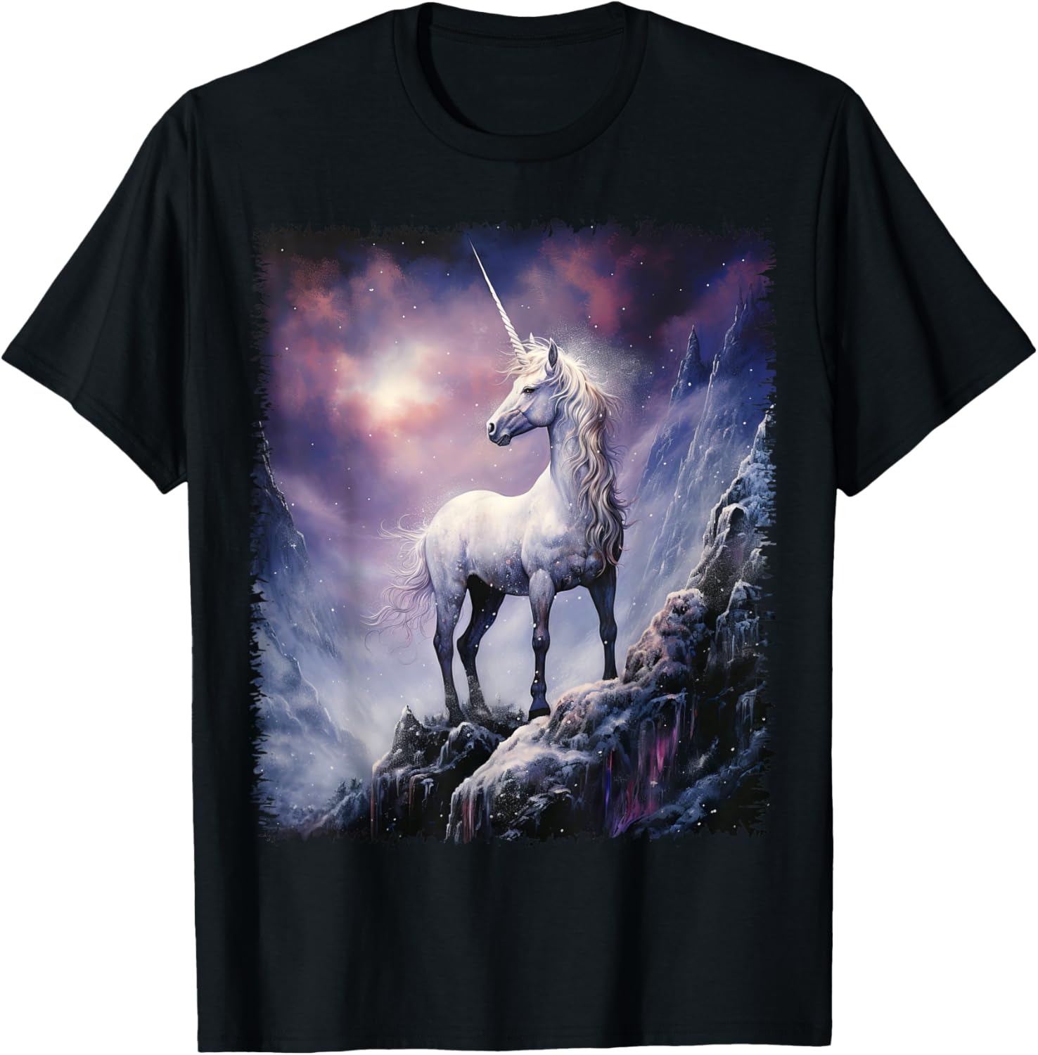 Fantasy white Unicorn standing on the snowy hill T-Shirt - T-Shirt | Black