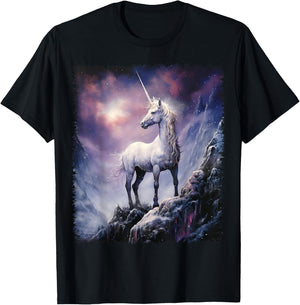 Fantasy white Unicorn standing on the snowy hill T-Shirt - T-Shirt | Black