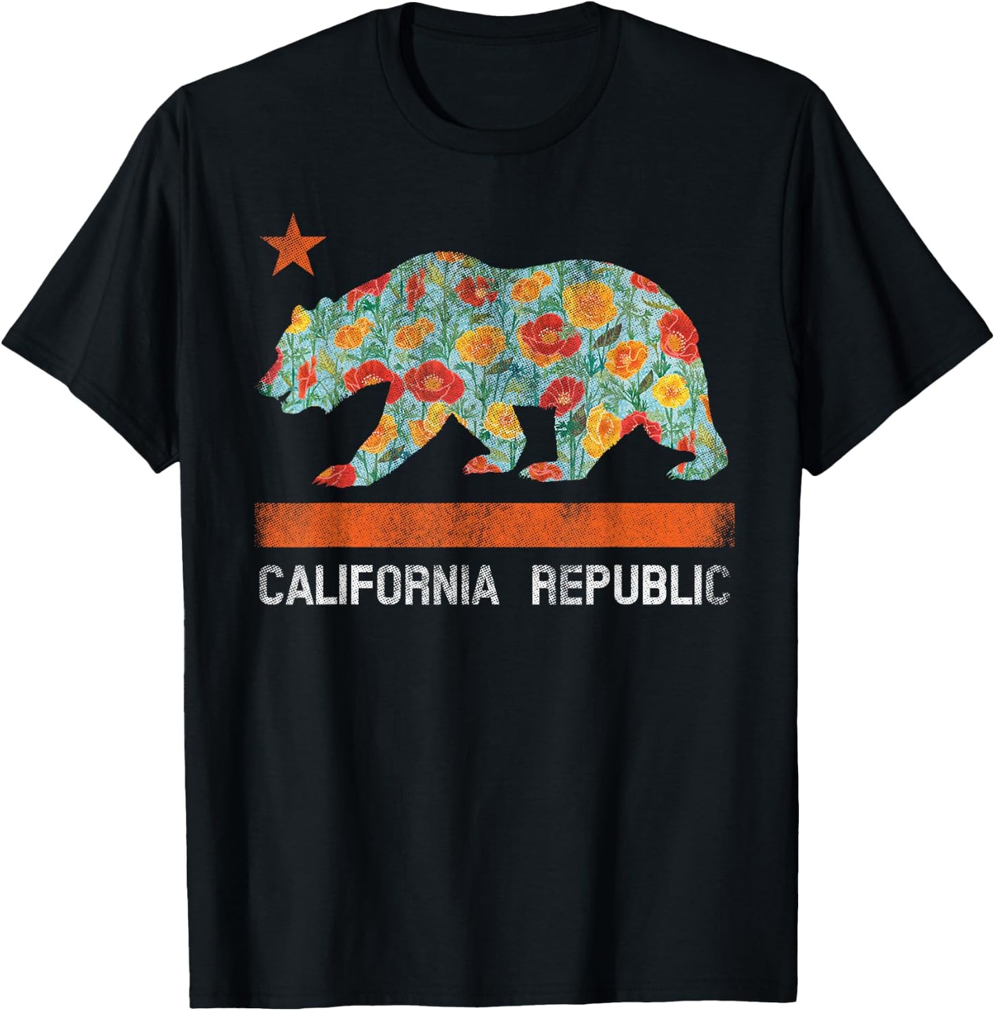 California Republic State Bear Star Poppy Flower LA Cali T-Shirt - T-Shirt | Black