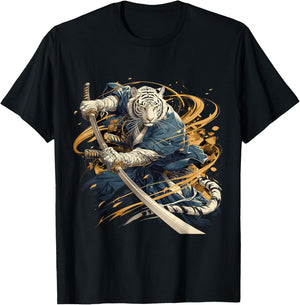 Japanese Art Tiger Ninja Ukiyo-e Anime Style Samurai Tiger T-Shirt - T-Shirt | Black
