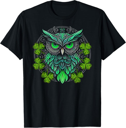 Cute Owl Bird Mandala Irish Shamrock Clover St Patricks T-Shirt - T-Shirt | Black