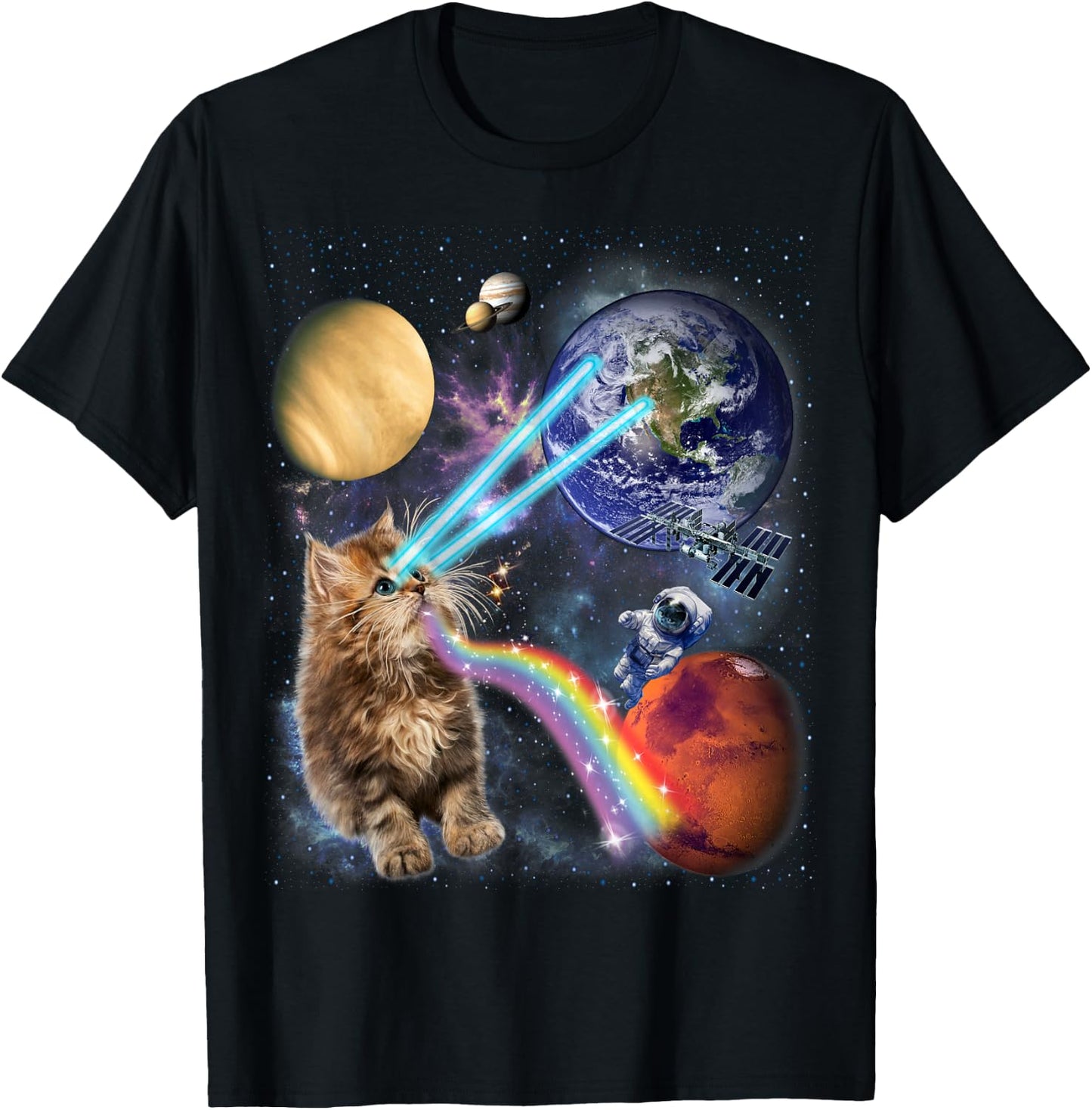 Fluffy Cat with Galactic Rainbow Beams Women Kids T-Shirt - T-Shirt | Black