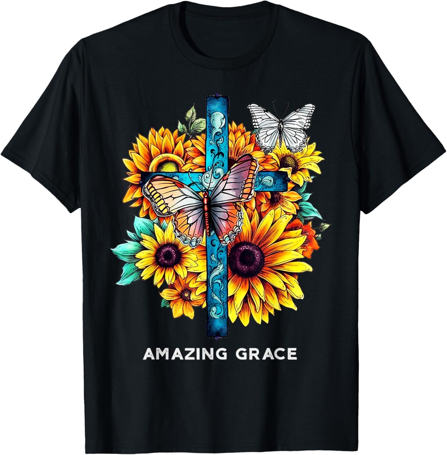 Amazing grace Cross Sunflowers Butterflies Christian T-Shirt - T-Shirt | Black