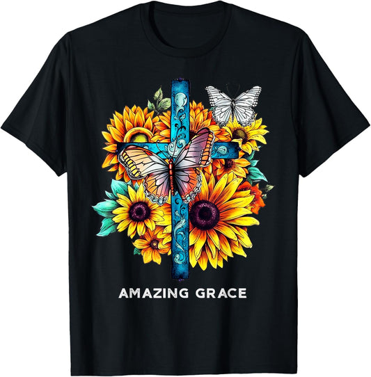 Amazing grace Cross Sunflowers Butterflies Christian T-Shirt - T-Shirt | Black