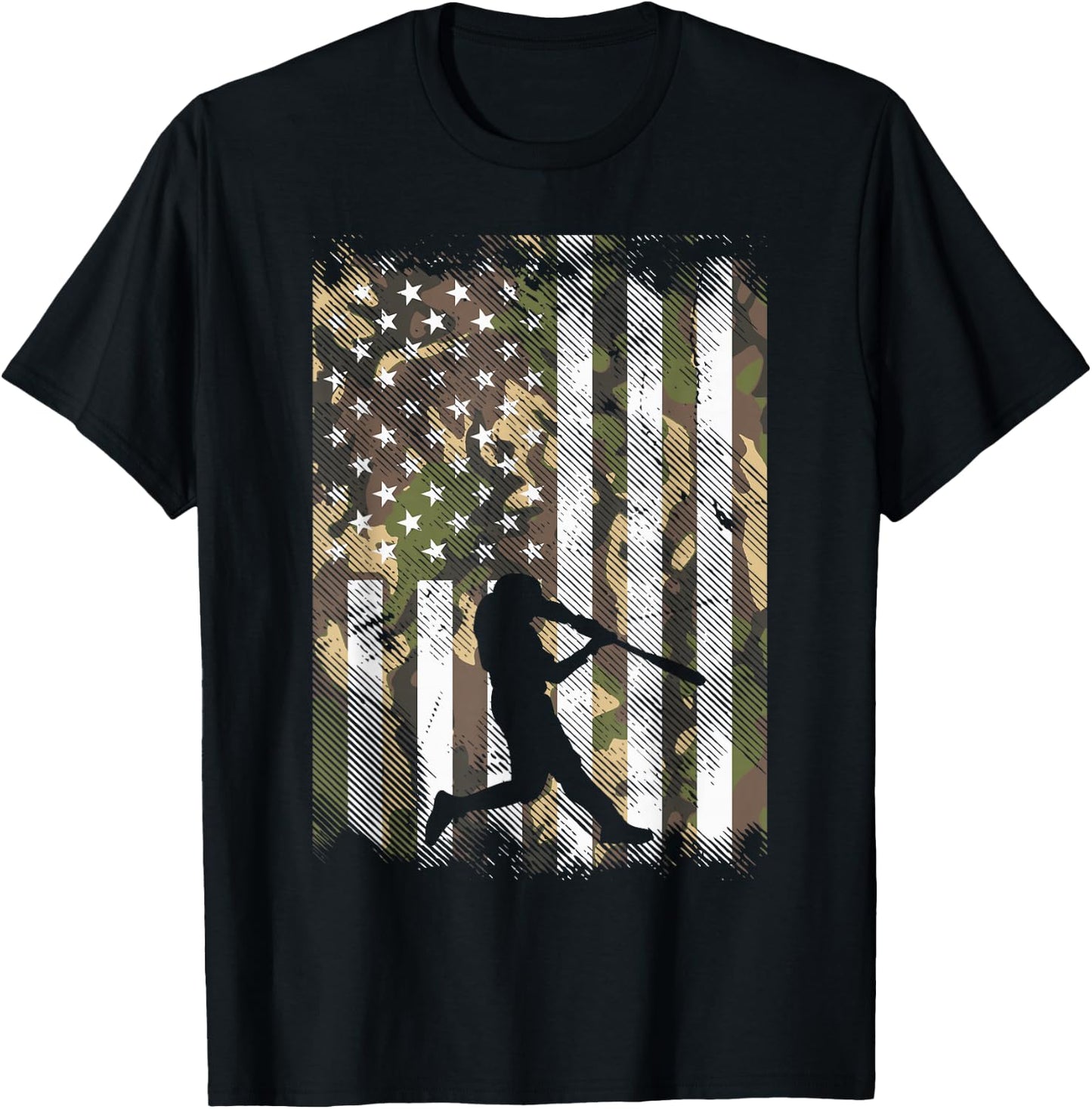 Camo Flag Baseball Player Vintage Patriotic Men Women Kids T-Shirt - T-Shirt | Black