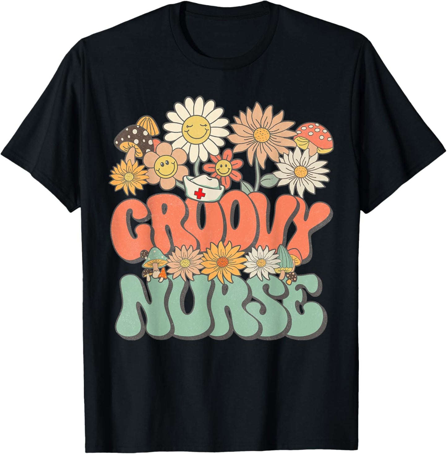 Retro Groovy Nurse Floral Hippie Daisy Flower Matching Nurse T-Shirt - T-Shirt | Black