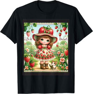 Cute Life Is Sweet Strawberry Cake Vintage Berry Garden T-Shirt - T-Shirt | Black