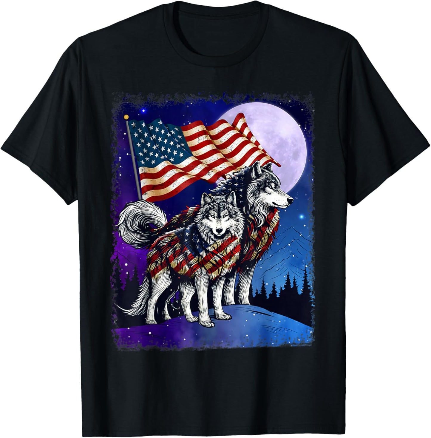 Wolf 4th of July American Flag Howling Wolves Under Moon Women Men T-Shirt - T-Shirt | Black