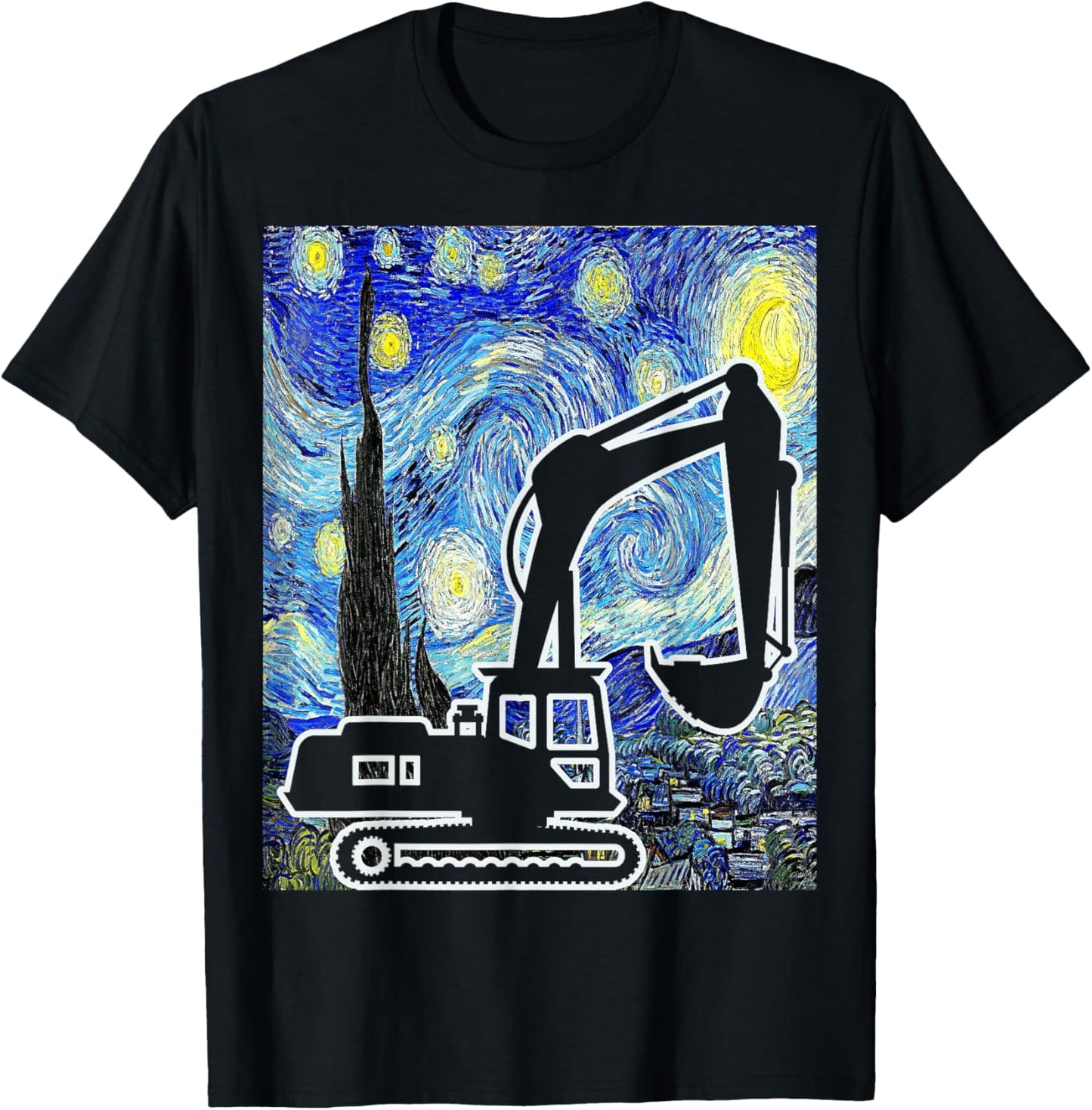 Excavator Starry Night Construction Vehicle Painting T-Shirt - T-Shirt | Black