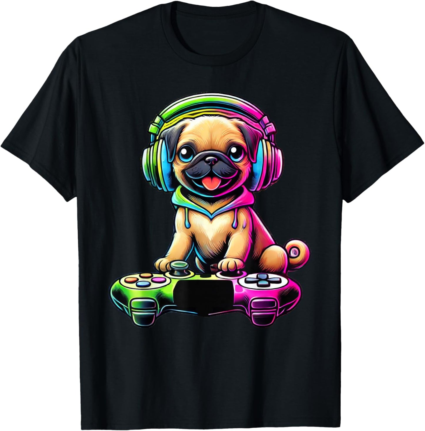 Dog Pug Funny Video Games Gamer T-Shirt - T-Shirt | Black