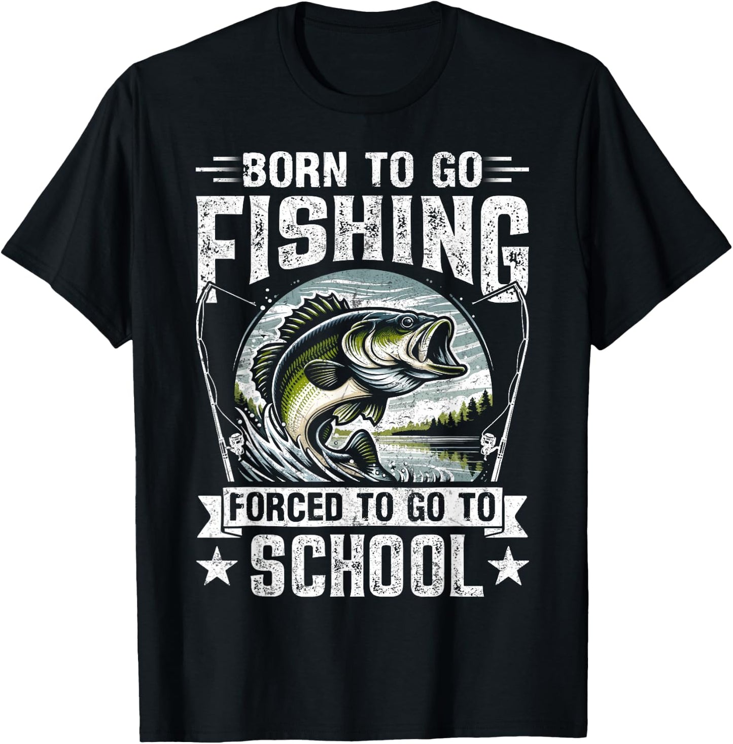 Teen Boys Fishing Shirt Forced to Go to School Bass Fish T-Shirt - T-Shirt | Black