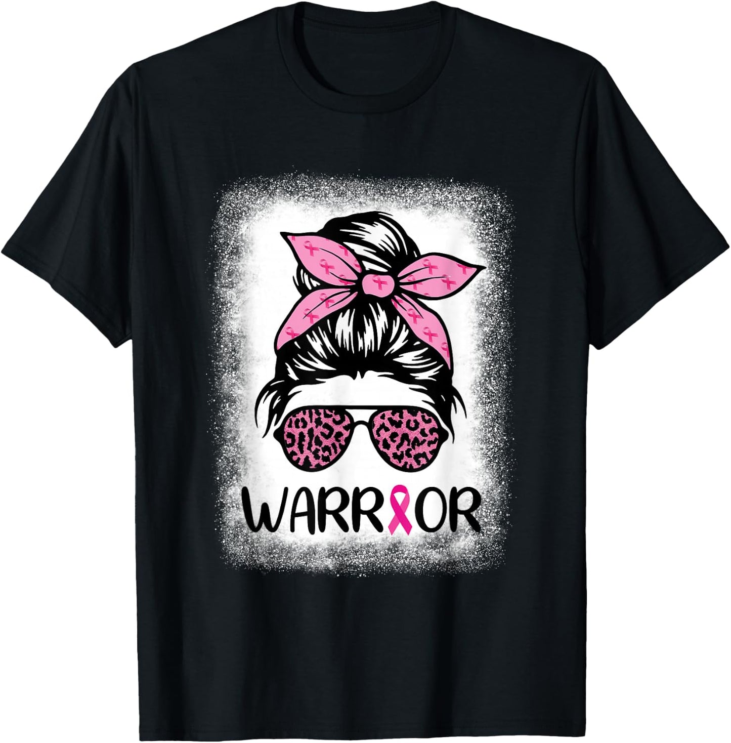 Warrior Breast Cancer Women Messy Bun Bleached Leopard T-Shirt - T-Shirt | Black