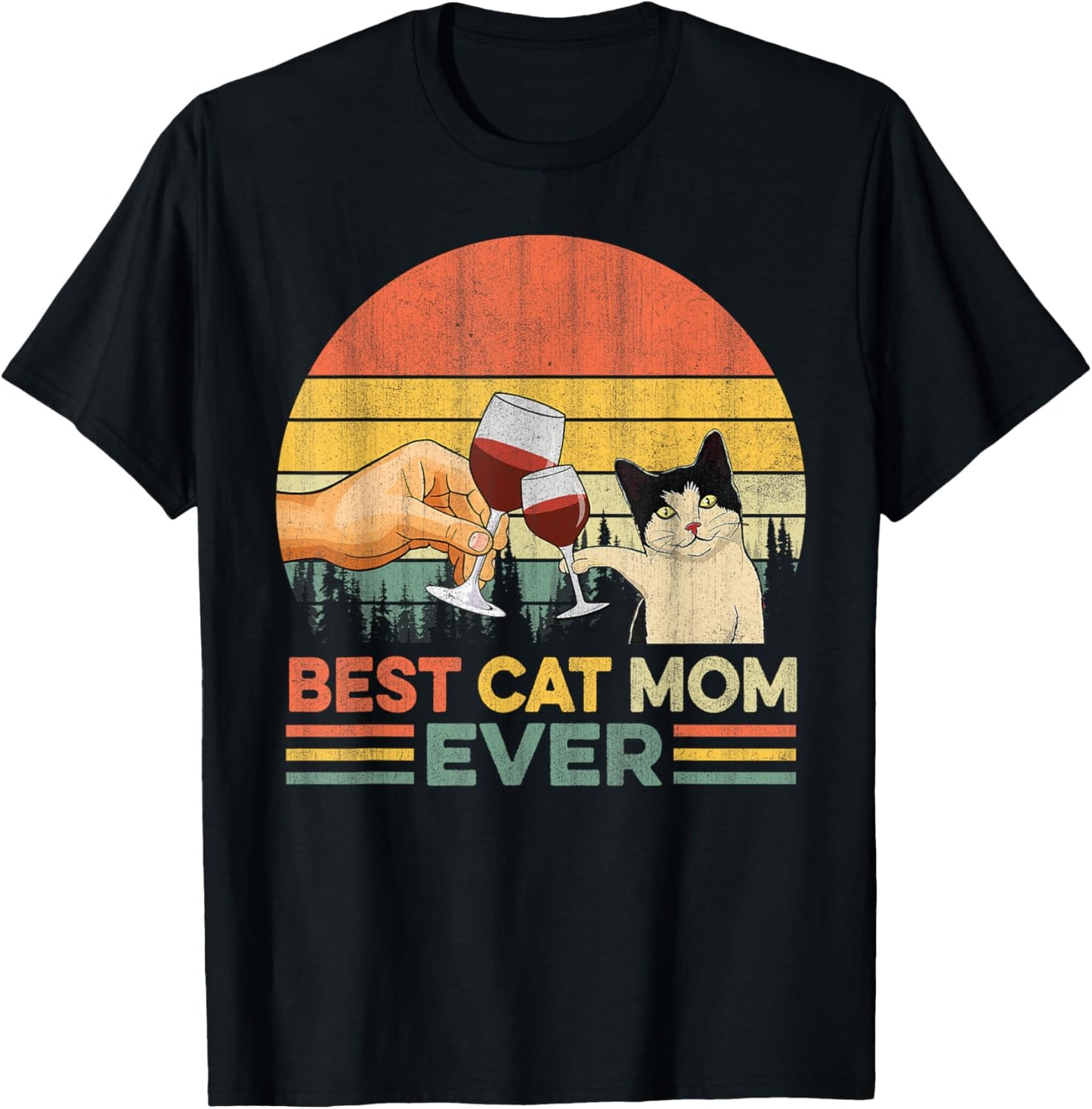 Vintage Best Cat Mom Ever Wine Drinking Women T-Shirt - T-Shirt | Black