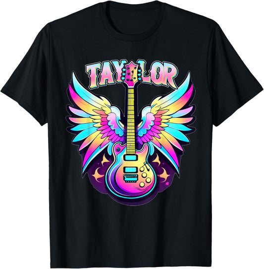 Girl Retro Taylor First Name Personalized Groovy 80's Pink T-Shirt - T-Shirt | Black