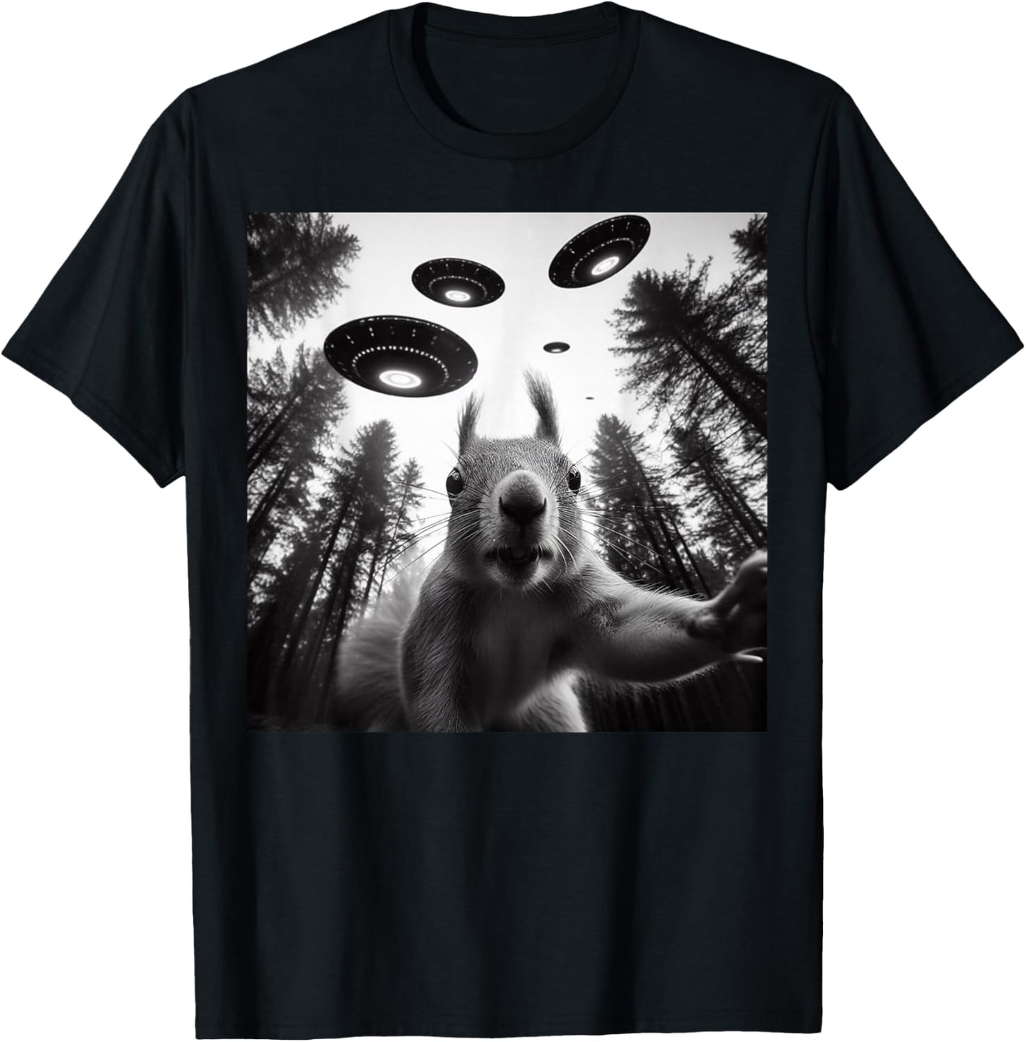 Squirrel Selfie With Alien UFO Funny Gifts Women Kid T-Shirt - T-Shirt | Black