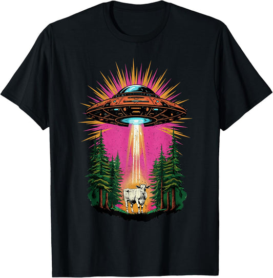 Vintage UFO Cow Abduction Alien Christmas Sci-fi Gift Funny T-Shirt - T-Shirt | Black
