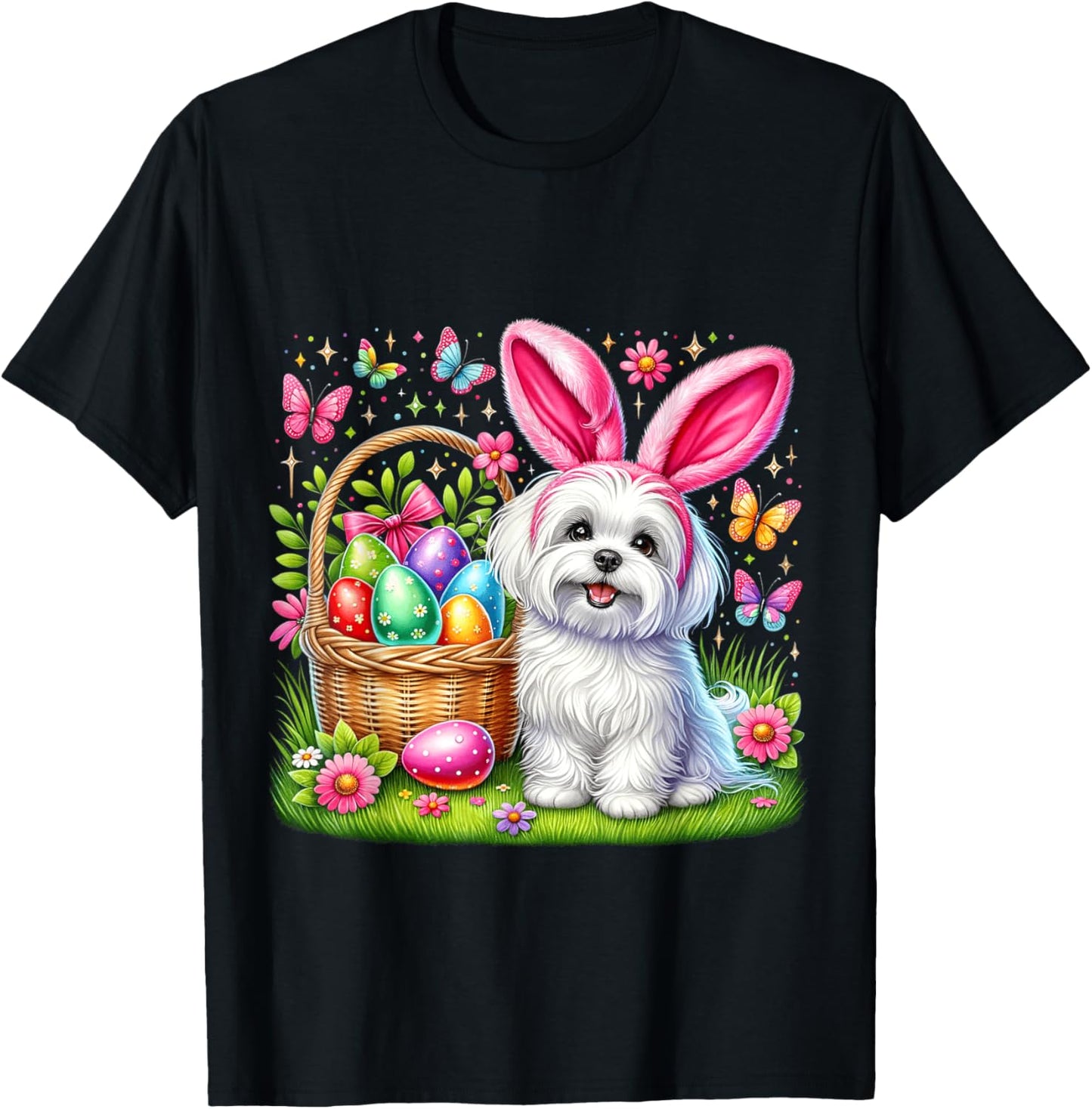 Cute Bunny Maltese Dog Easter Eggs Basket Easter Day Party T-Shirt - T-Shirt | Black
