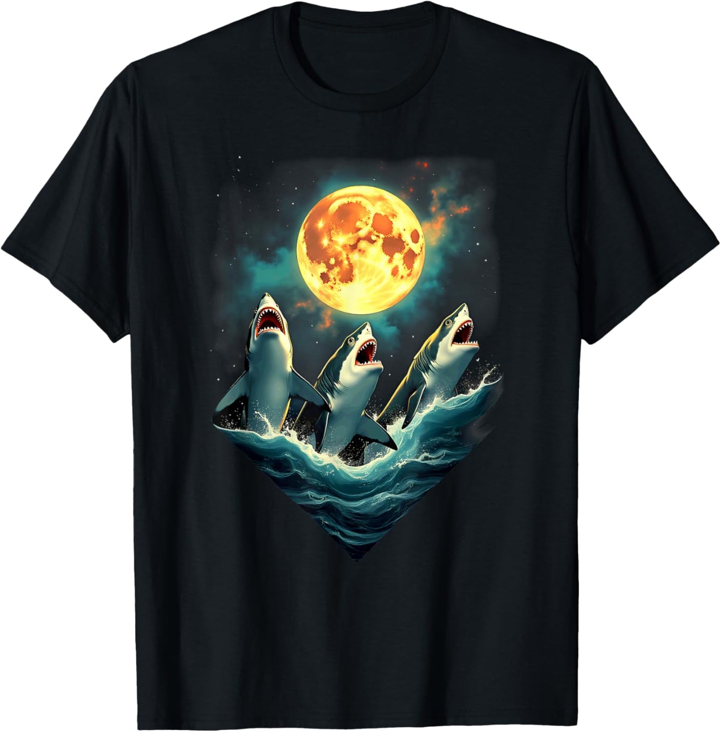 Aesthetic 3 Sharks Howling At The Moon T-Shirt - T-Shirt | Black
