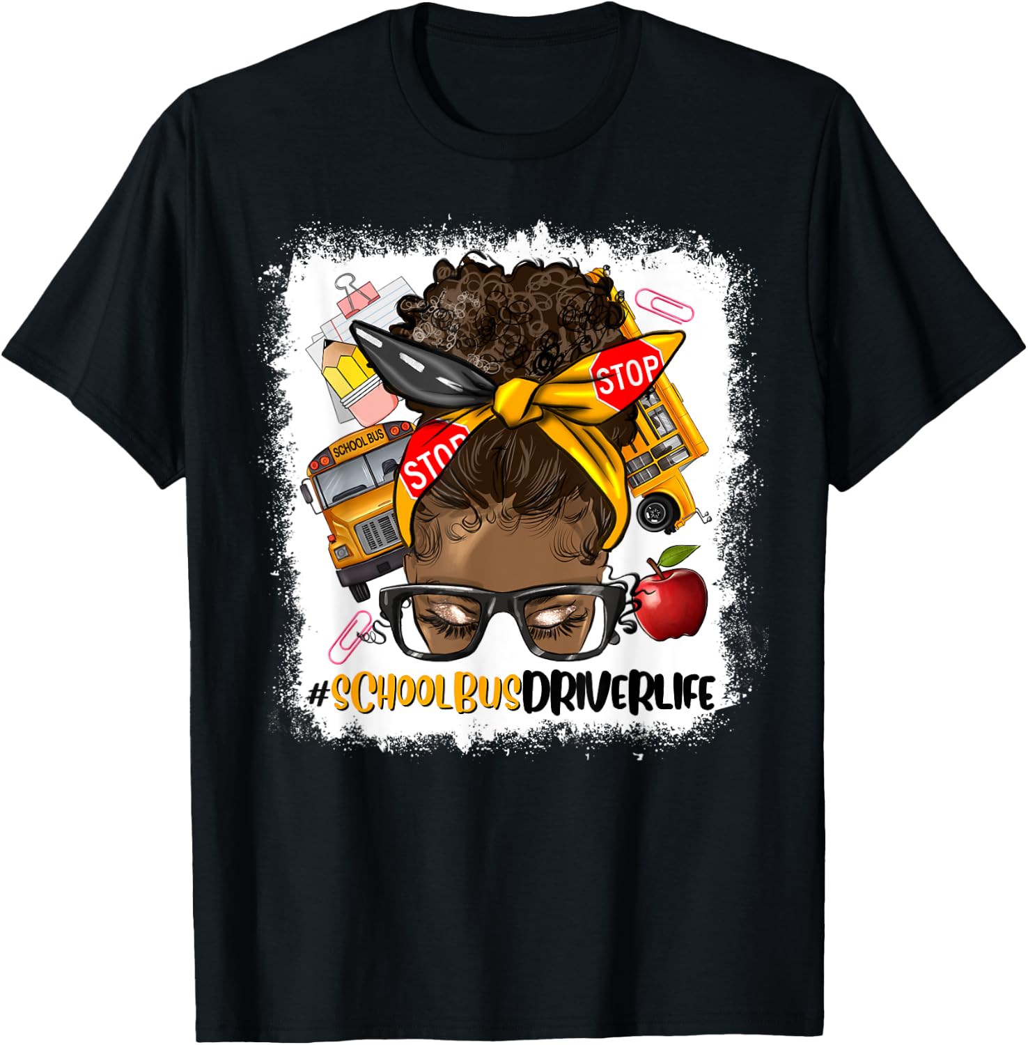 Afro Messy Bun School Bus Driver Black Woman T-Shirt - T-Shirt | Black