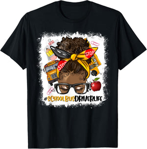 Afro Messy Bun School Bus Driver Black Woman T-Shirt - T-Shirt | Black