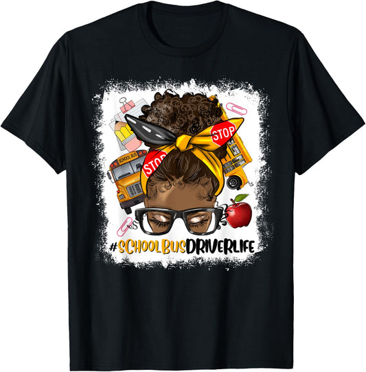 Afro Messy Bun School Bus Driver Black Woman T-Shirt - T-Shirt | Black