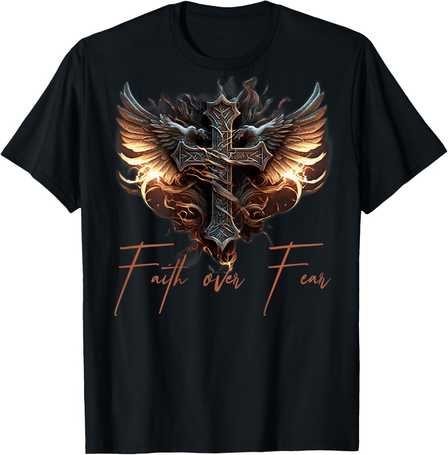 Biker Angel Wings Christian Cross Faith Over Fear - On Back T-Shirt - T-Shirt | Black