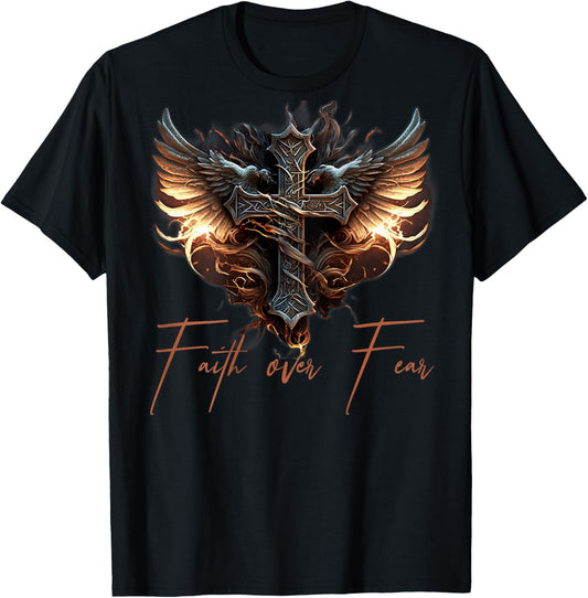 Biker Angel Wings Christian Cross Faith Over Fear - On Back T-Shirt - T-Shirt | Black