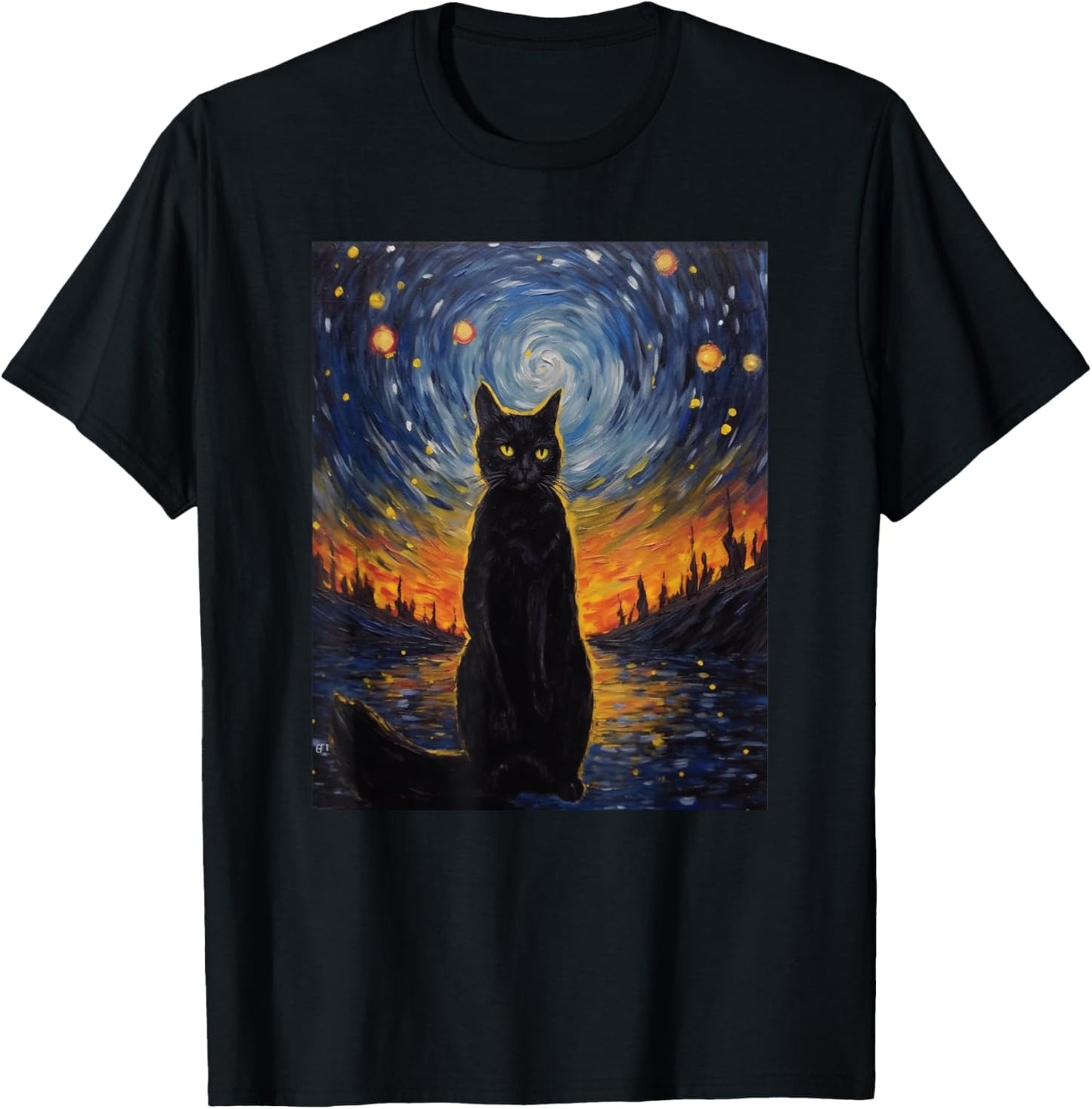 black cat Painting art Starry Night kitty kitten Van Gogh T-Shirt - T-Shirt | Black