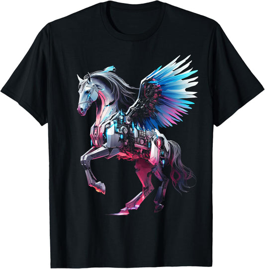 Pegasus Robot Art Animal Horse Geometric Graphic Unicorn T-Shirt - T-Shirt | Black