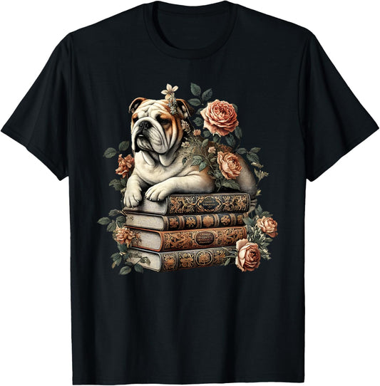 Cottagecore Aesthetic Floral English Bulldog Dog Books T-Shirt - T-Shirt | Black