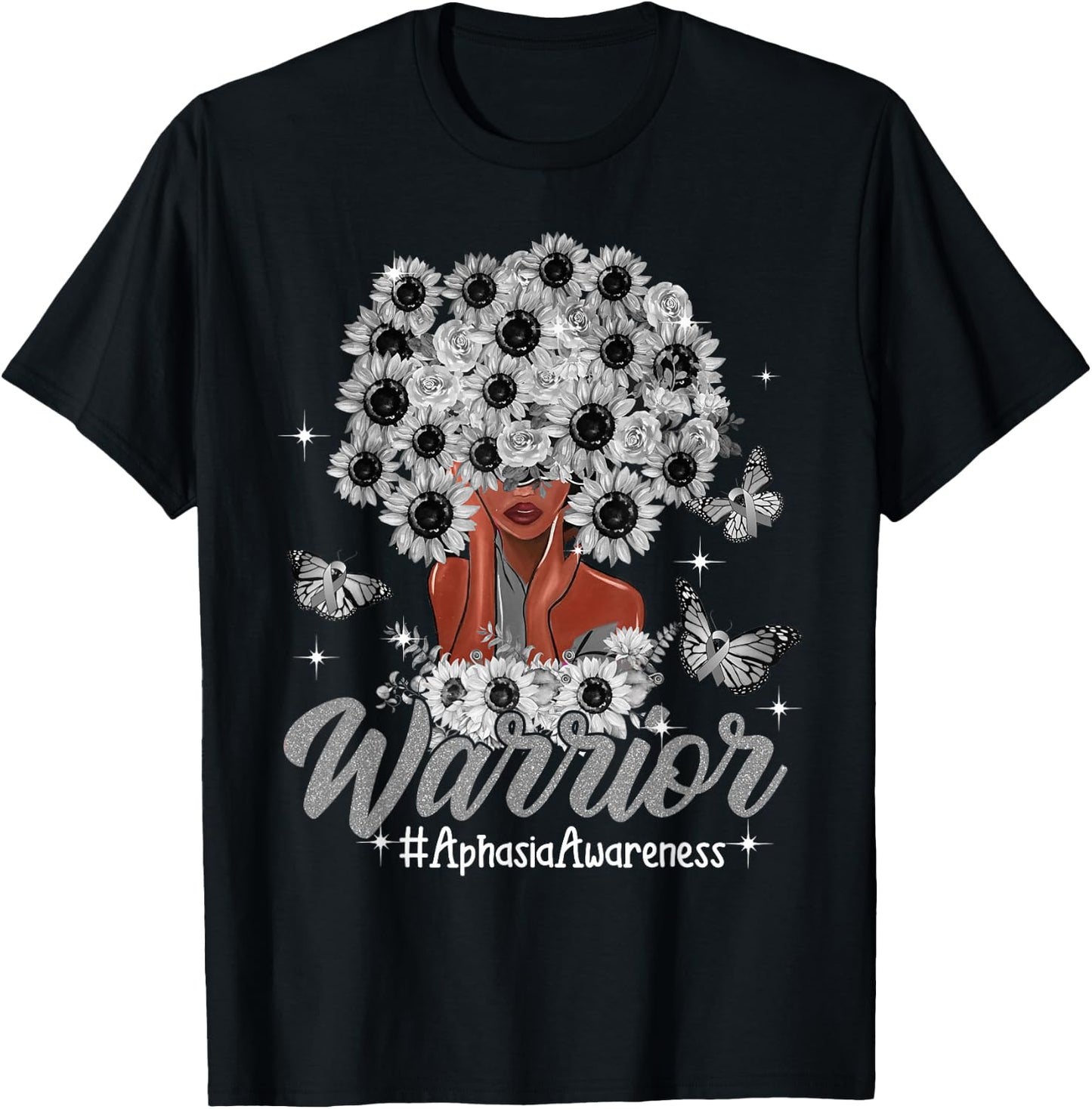 Warrior Black Women Sunflower Hair Aphasia Awareness T-Shirt - T-Shirt | Black