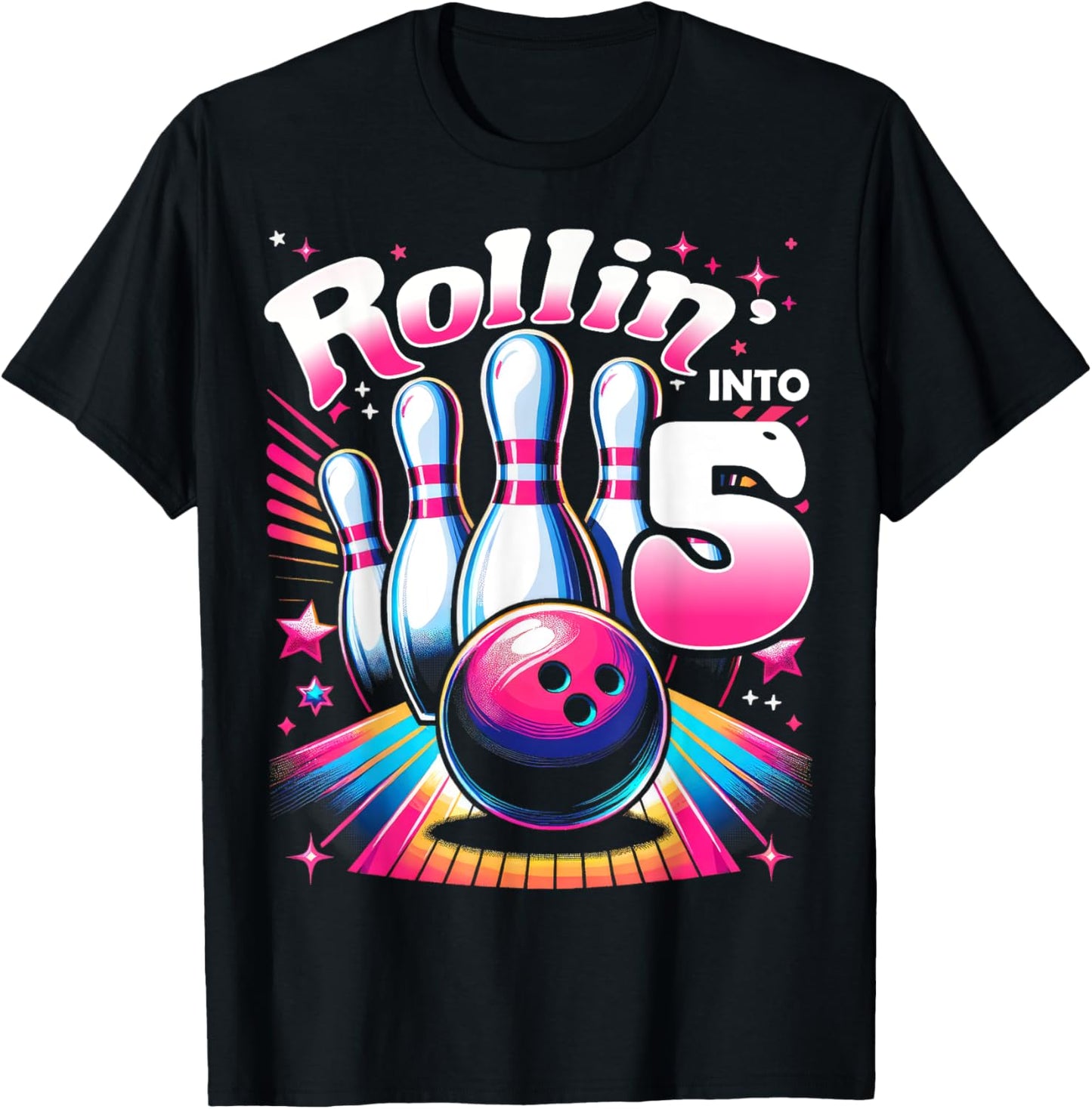 Bowling Birthday Rollin into 5 Party 5th Birthday Retro Girl T-Shirt - T-Shirt | Black