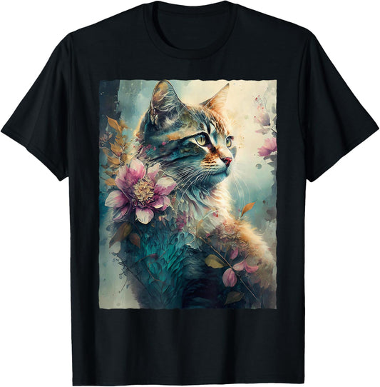 Watercolor Floral Cat Aesthetic Botanical Cottagecore Kitty T-Shirt - T-Shirt | Black