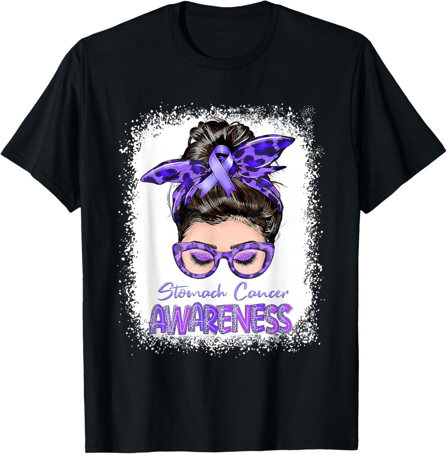 Messy Bun Periwinkle Ribbon Stomach Cancer Awareness T-Shirt - T-Shirt | Black