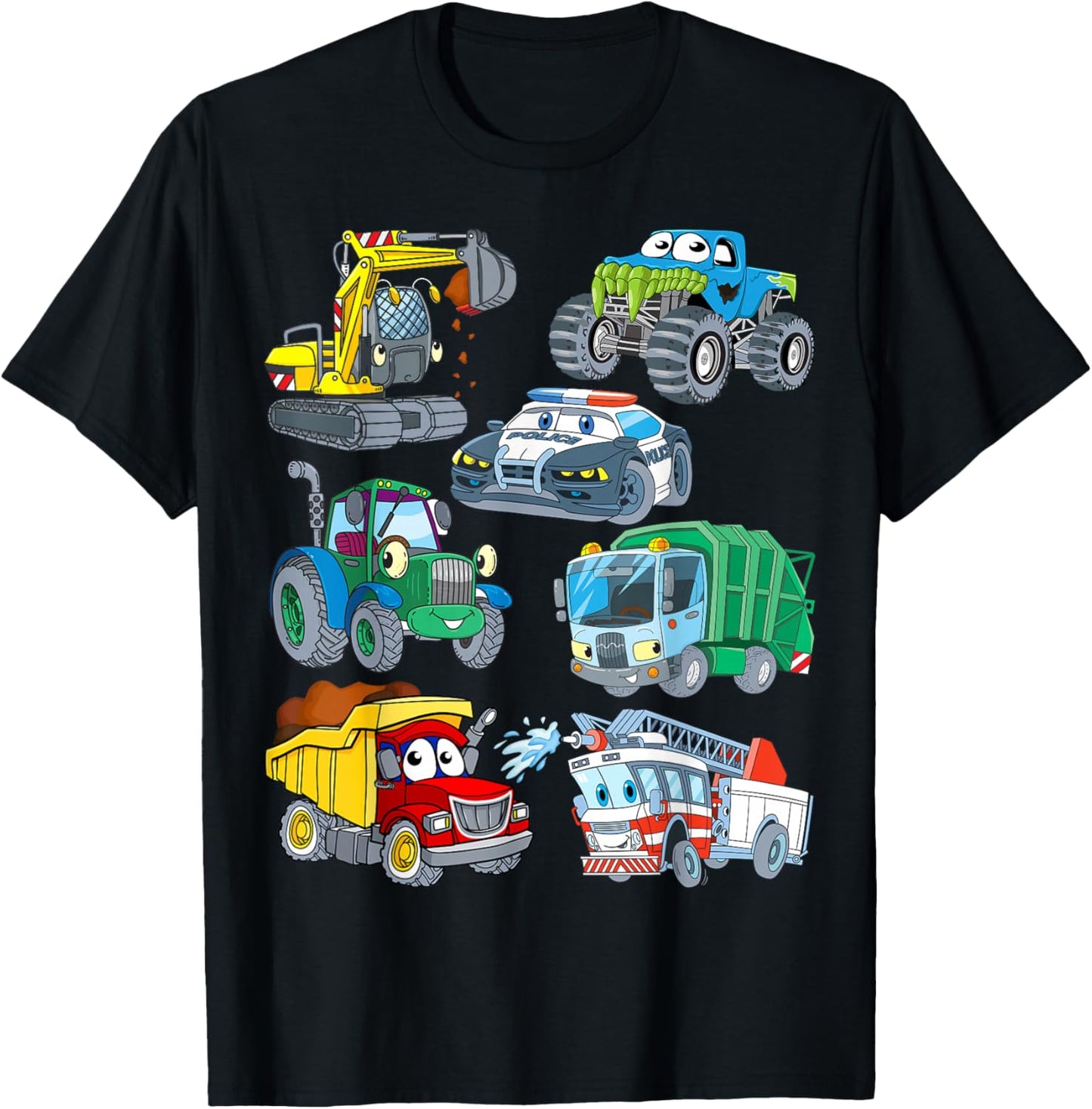Excavator Fire Engine Police Car Monster Truck for Boys T-Shirt - T-Shirt | Black