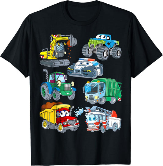 Excavator Fire Engine Police Car Monster Truck for Boys T-Shirt - T-Shirt | Black
