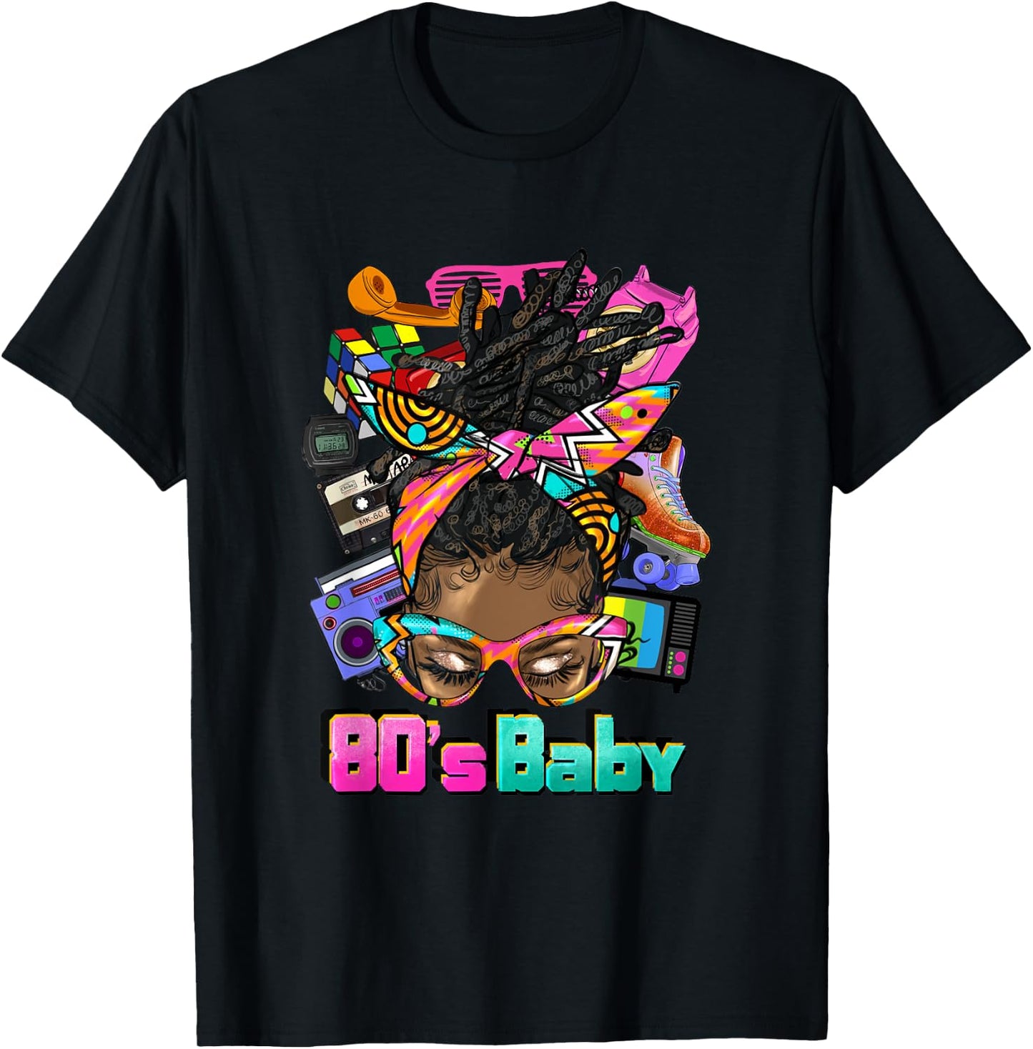 80's Baby Afro Messy Bun African American 1980's Retro T-Shirt - T-Shirt | Black