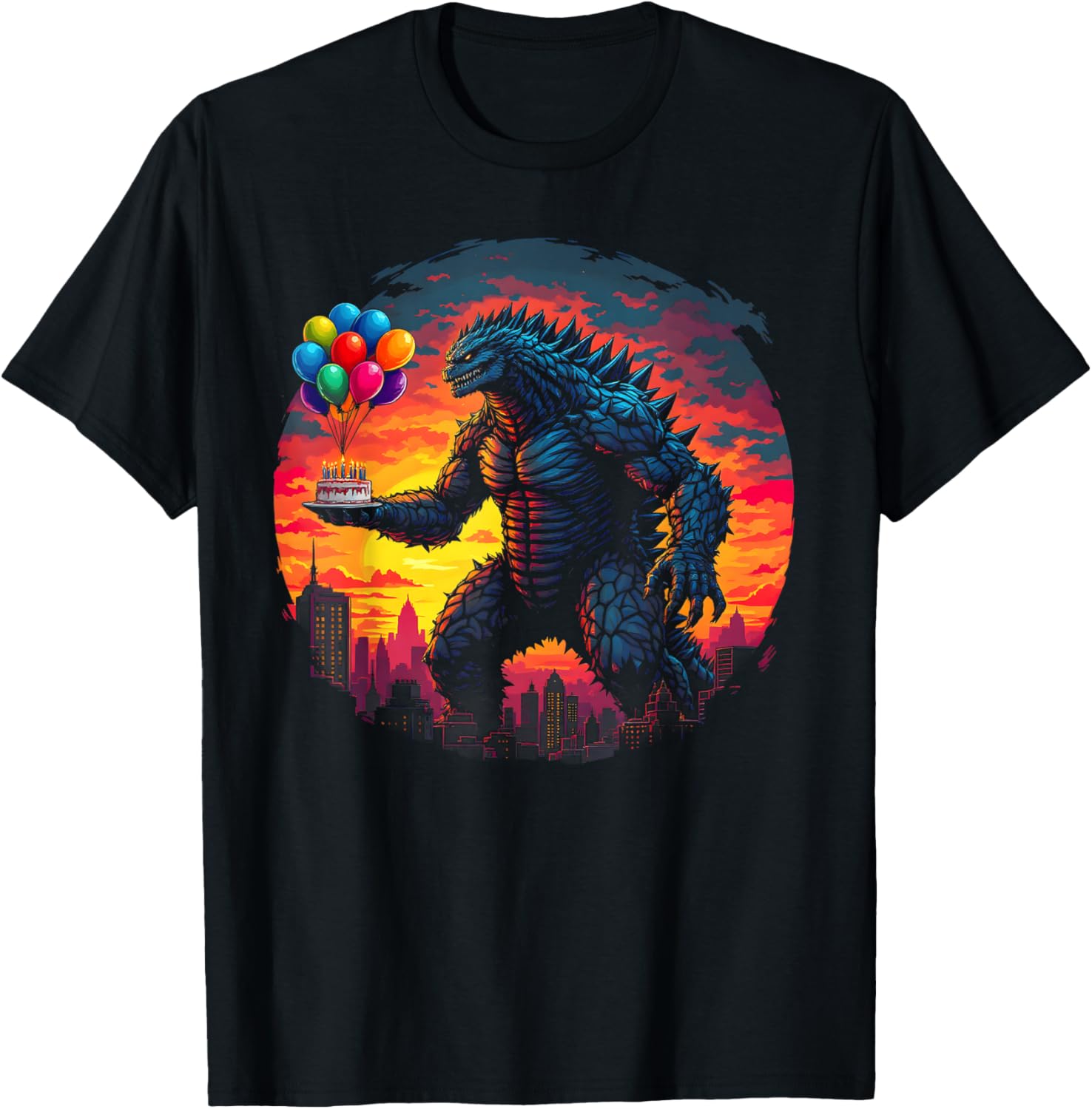 Kaiju Balloon And Cake Funny Japanese Monster Lover Birthday T-Shirt - T-Shirt | Black