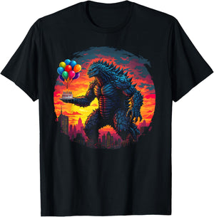 Kaiju Balloon And Cake Funny Japanese Monster Lover Birthday T-Shirt - T-Shirt | Black