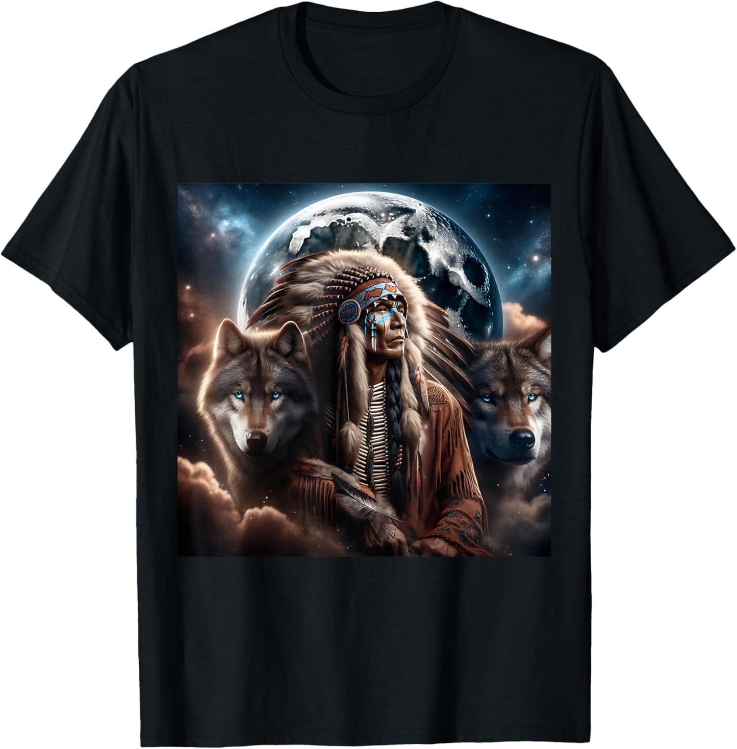 Indianer Tiere Mond Indianer mit Wolf Damen Schwarz S EU 38/40 T-Shirt - T-Shirt | Black