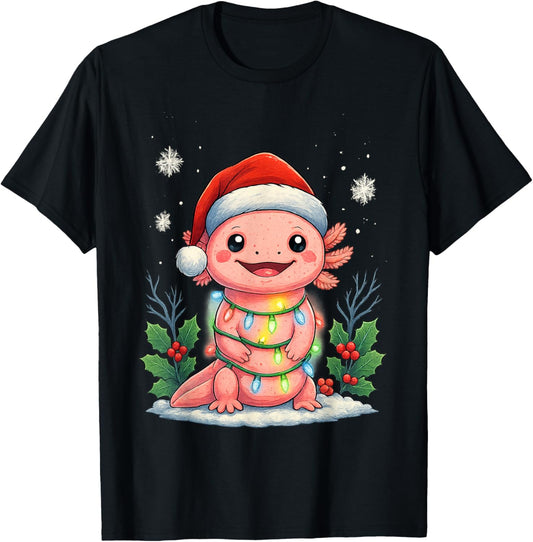 Girls Axolotl Christmas Santa Hat Funny Xmas Pajamas Kids T-Shirt - T-Shirt | Black