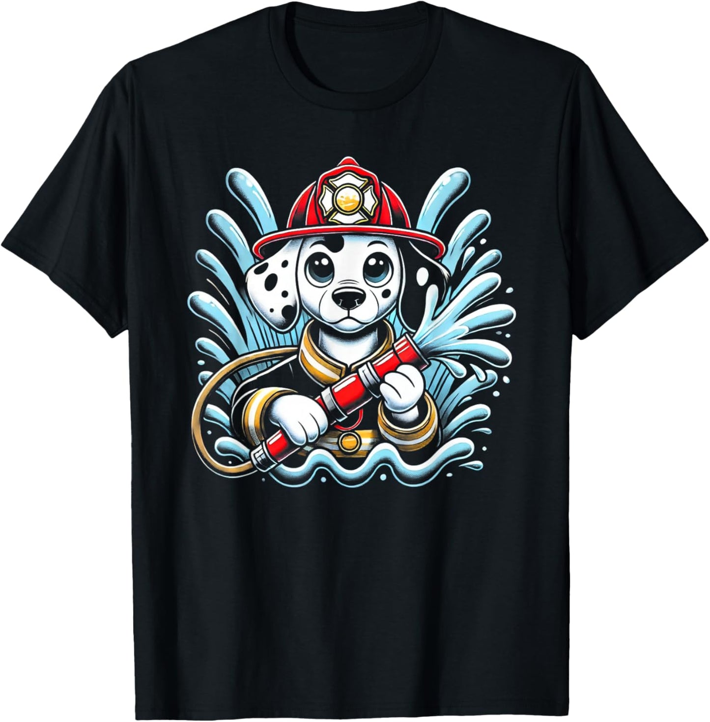 Cute Cartoon Dalmatian Dog Firefighter Fireman For Children T-Shirt - T-Shirt | Black