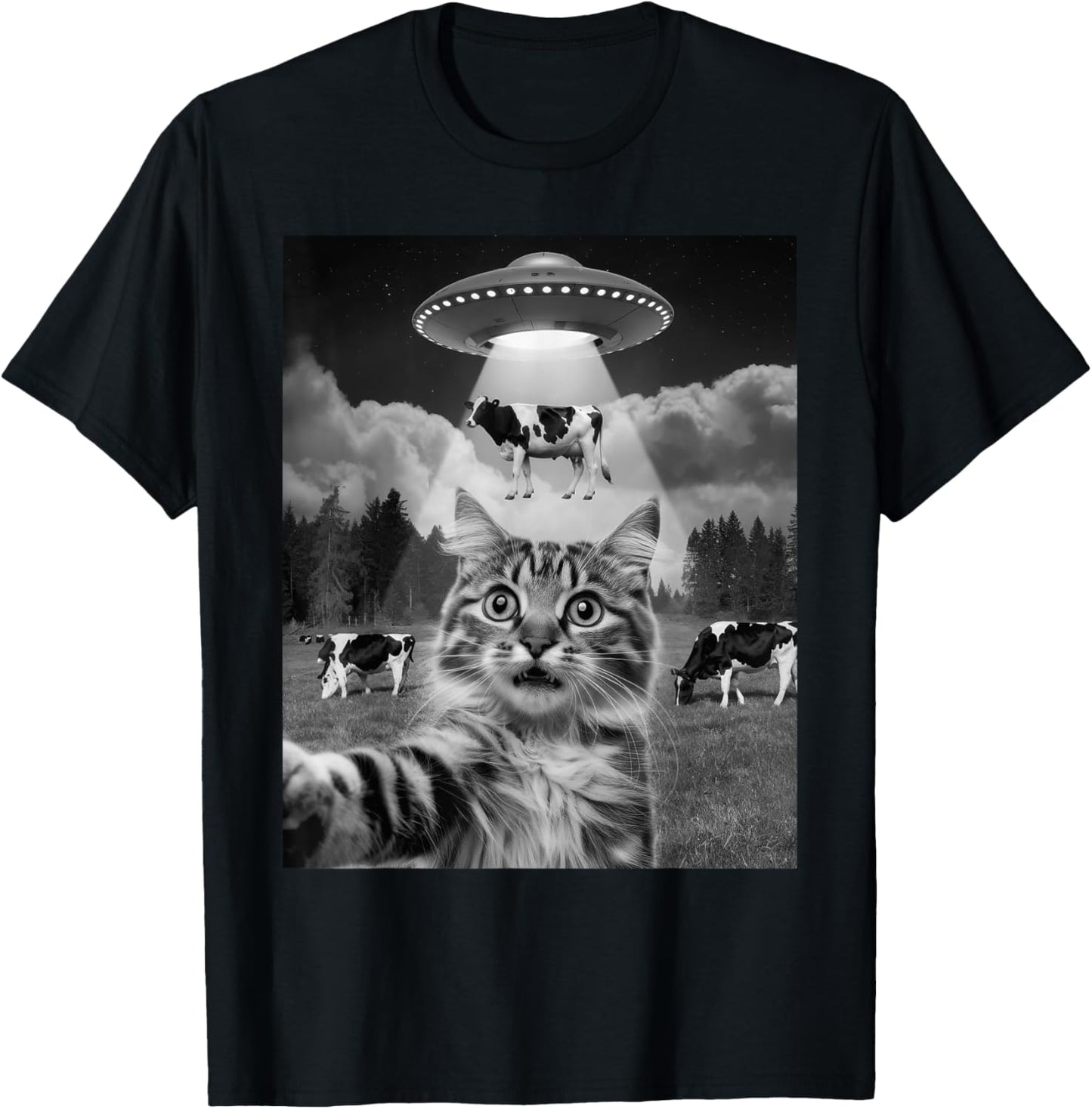 Cat Selfie Flying Alien UFO Cow Lover Men Women Kids T-Shirt - T-Shirt | Black