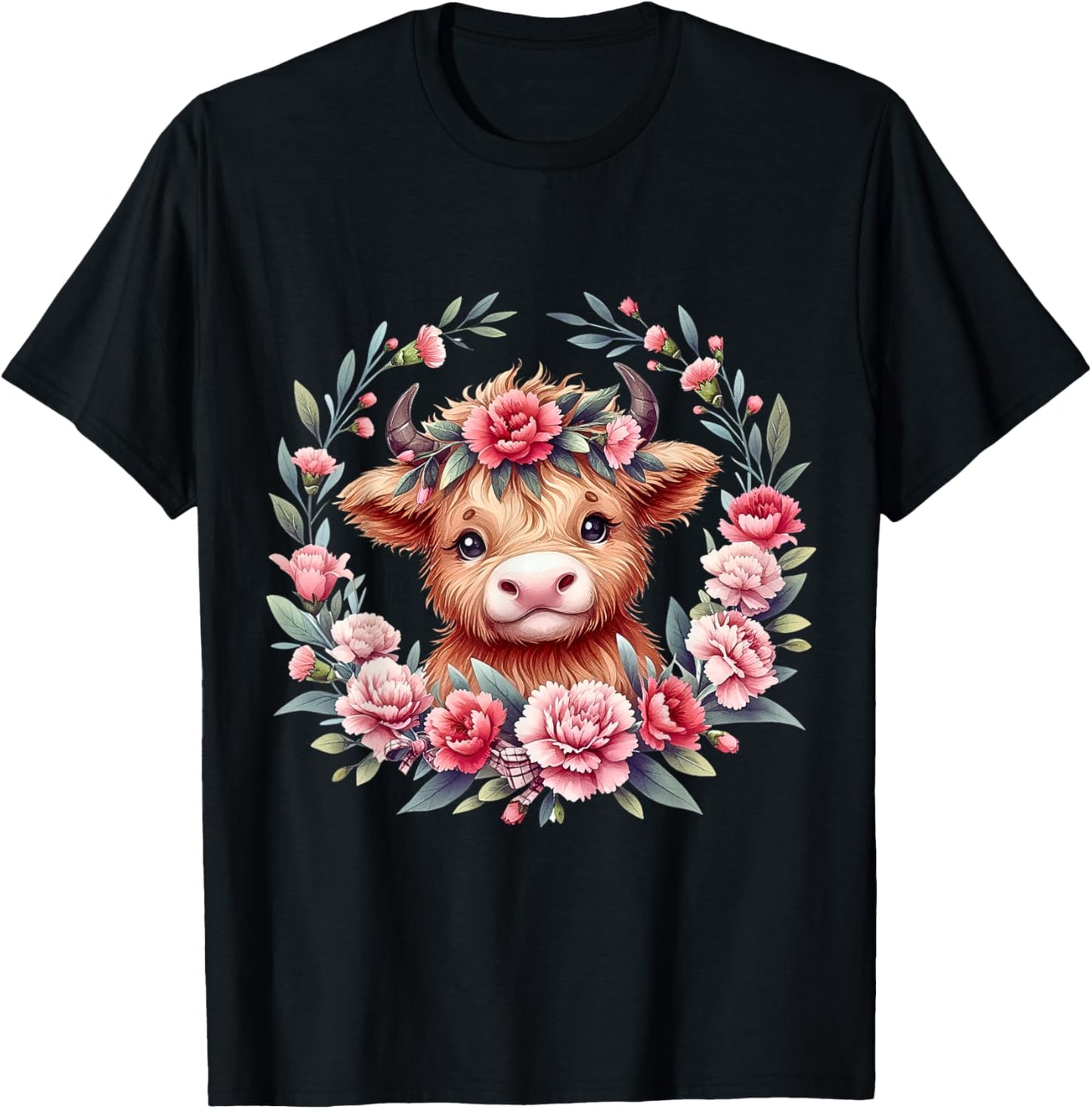 Cute Baby Highland Cow With Carnation Flower Scottish Farm T-Shirt - T-Shirt | Black
