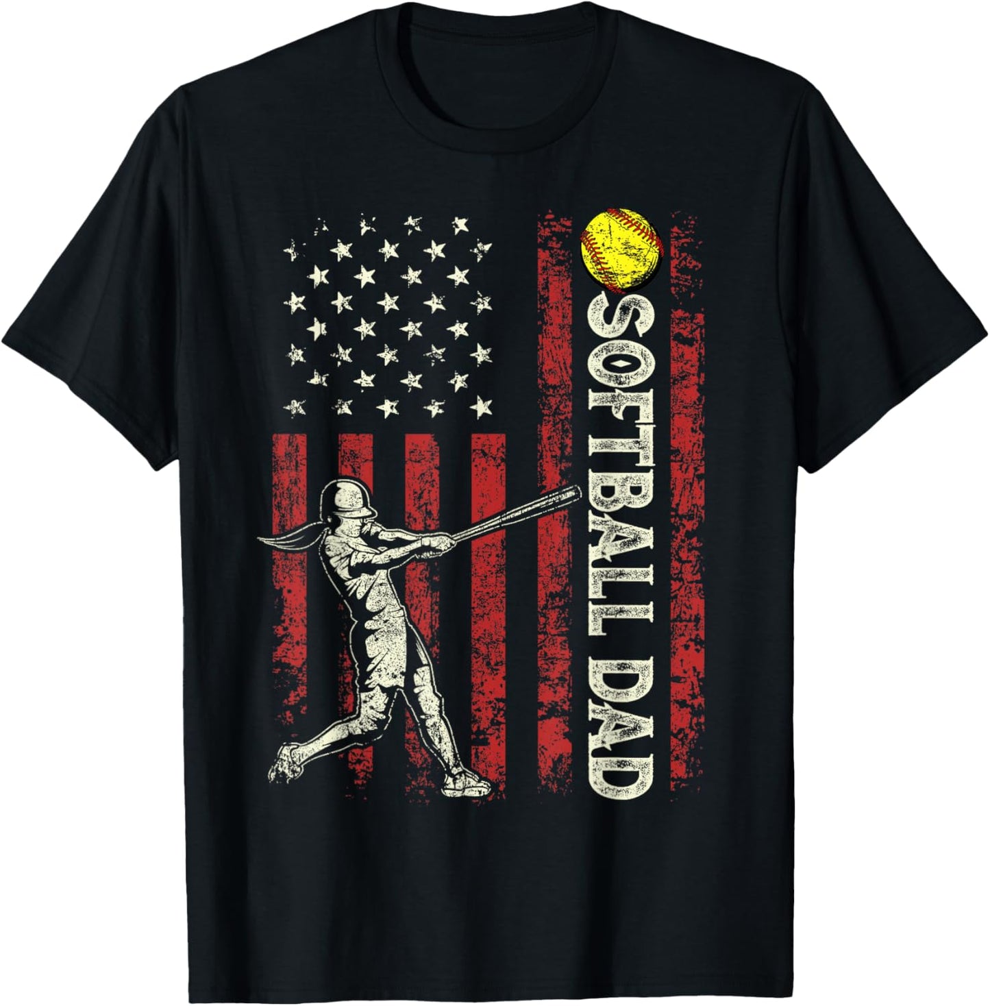 Softball Dad US Flag Gifts for Dad Men Patriotic Fathers Day T-Shirt - T-Shirt | Black