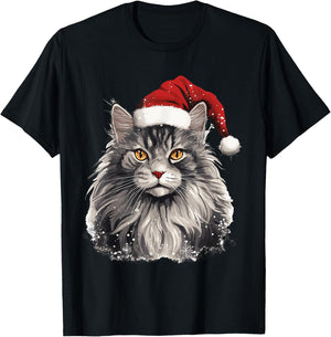 Maine Coon Cat Breed Pet with a Christmas Hat T-Shirt - T-Shirt | Black