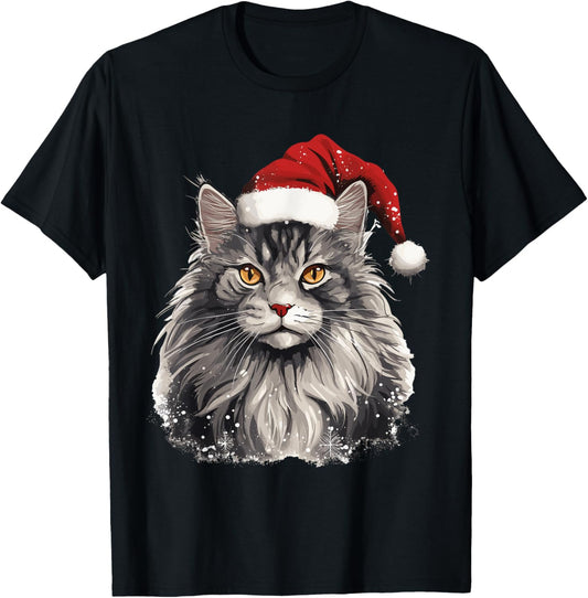 Maine Coon Cat Breed Pet with a Christmas Hat T-Shirt - T-Shirt | Black